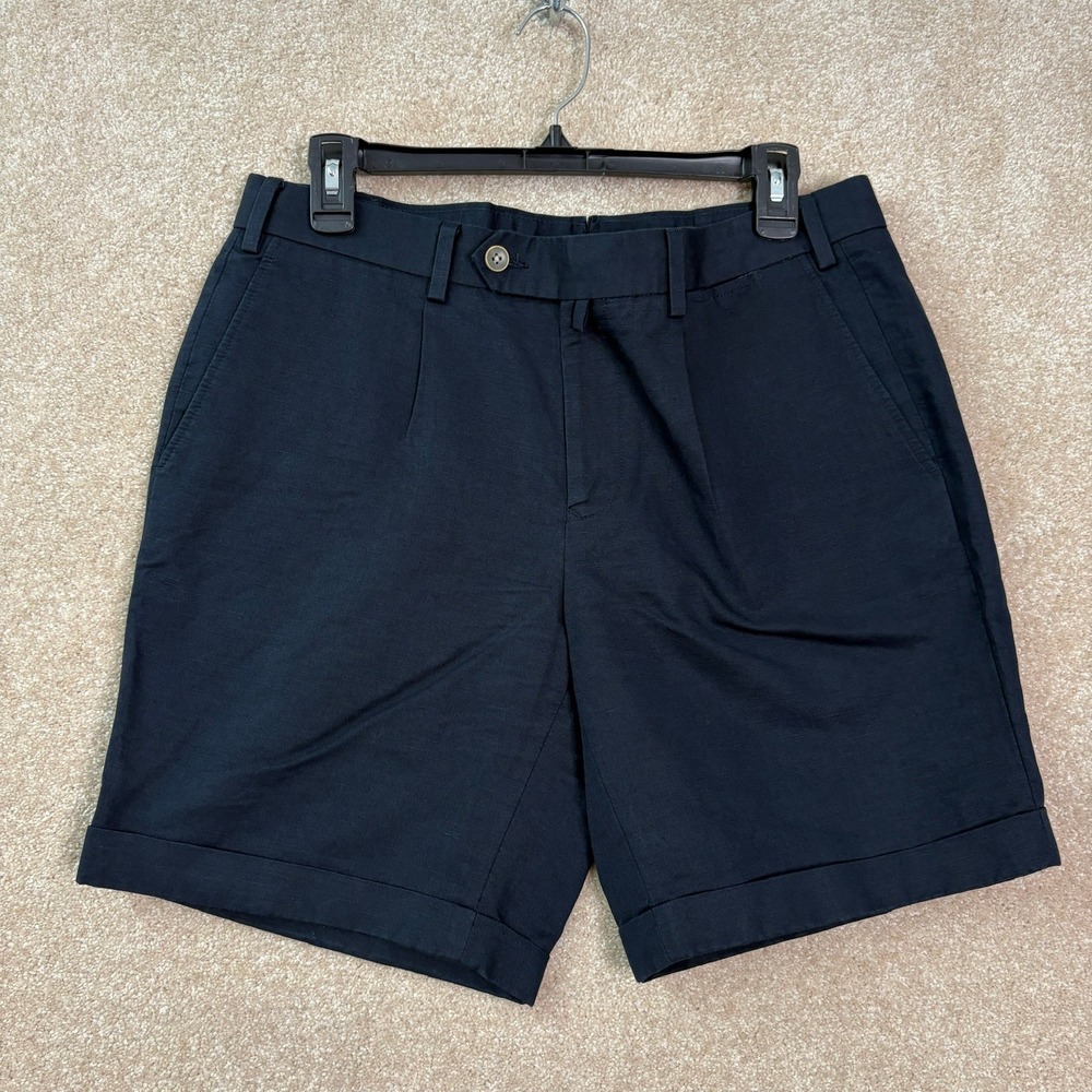 SUITSUPPLY Shorts Men's 32 Navy Blue Linen Cotton Pleated Cuffed Tessuti Sondrio